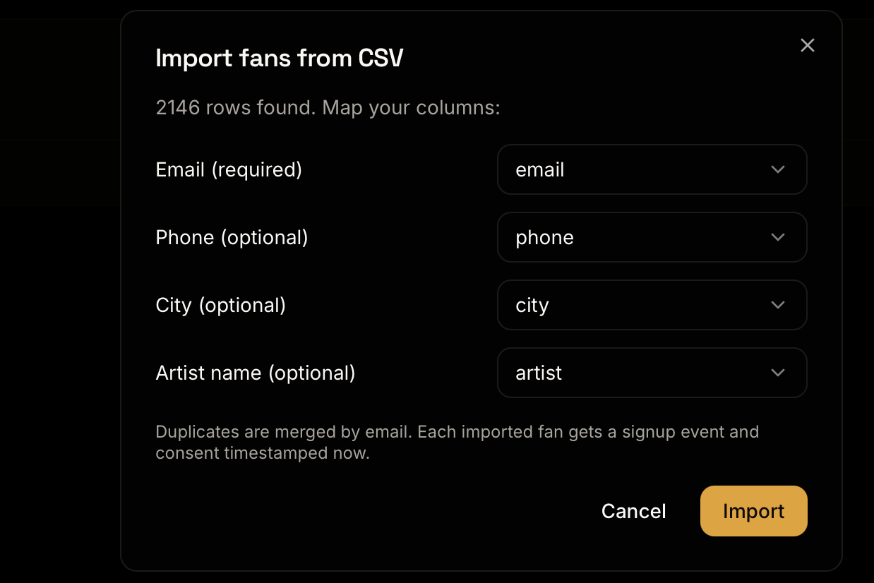 Importing fans from a CSV in Loyal League
